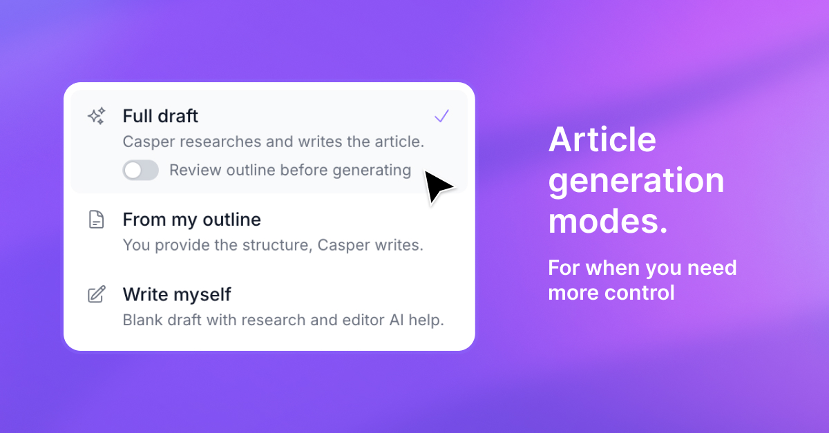 Article generation modes including full draft, from my outline, and write myself